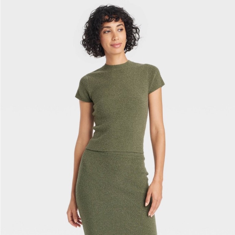 Women's Boucle Short Sleeve Crewneck Pullover Sweater - A New Day  Green S NWT